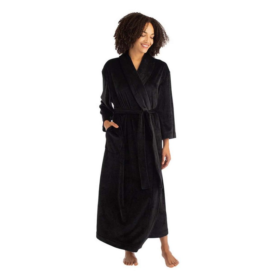 Womens * | Softies Feather Velour Shawl Collar Robe Black