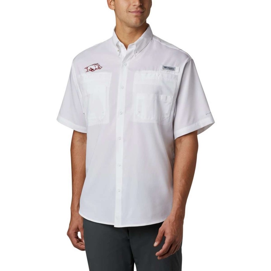 Mens * | Columbia Collegiate Tamiami Short Sleeve Shirt Arkansas White